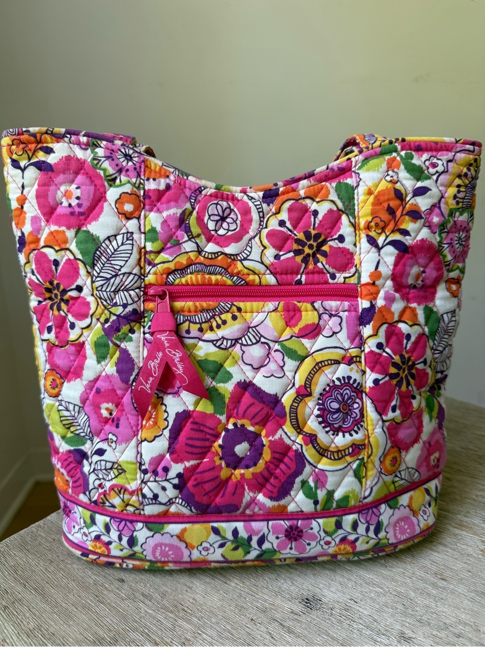 Vera Bradley Quilted Floral Tote Bag Pink Orange Purple Shoulder Bag Tote